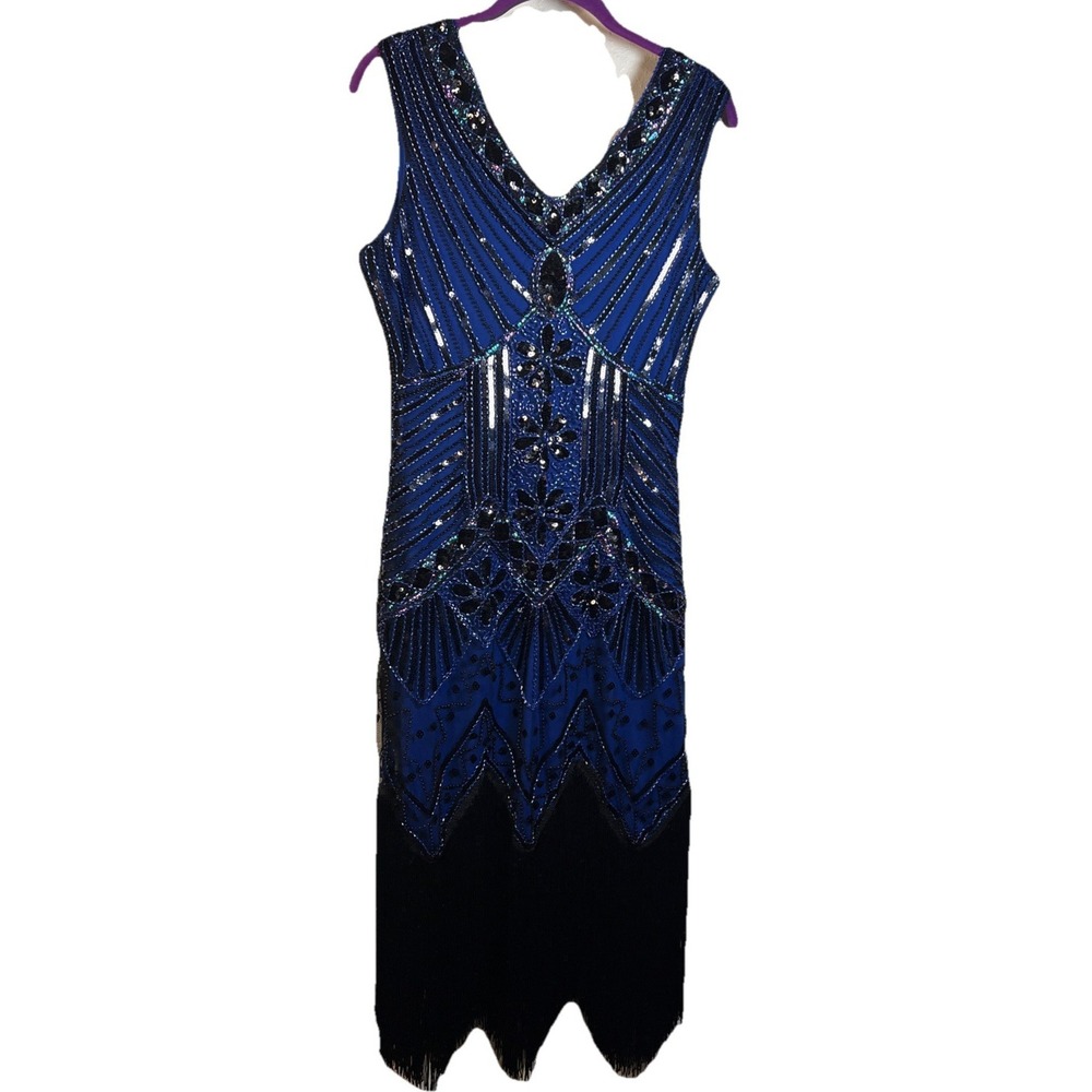 1920s Flapper Style Dress Small Blue Black Beaded Sequins Fringed Gatsby Sparkly